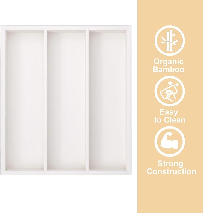 Fibogollo Silverware Organizer Bamboo Kitchen Drawer Organizer, Flatware Organizer Tray for Kitchen, Flatware, Utensils(White)