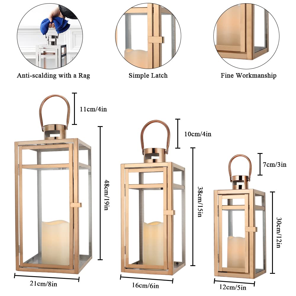 TRIROCKS Set of 3 Stainless Steel Candle Lantern 19/15/12'' High Metal Candle Holder with Tempered Glass Panels Perfect for Home Decor Living Room Parties Events Tabletop Indoors Outdoors (Rose Gold)