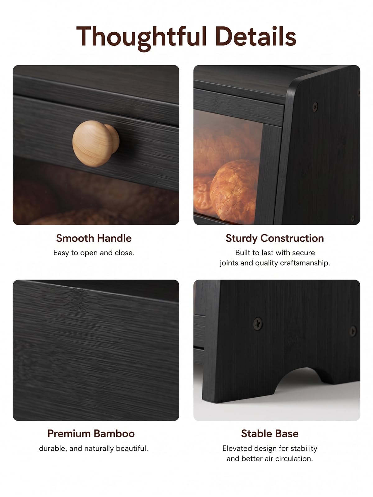 Plusinthebox Black Bread Box for Kitchen Countertop, Large Capacity Wooden Bread Storage Container, Modern Kitchen Bread Keeper for Pantry, Counter and Coffee Bar Organization