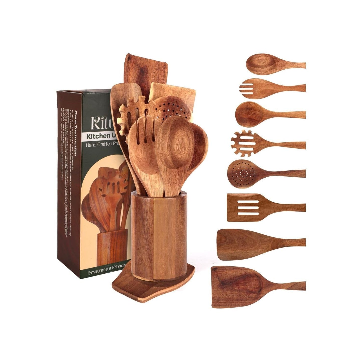 KITUTING Wooden Spoons for Cooking Set of 10 - Cooking Utensils with Spoon Rest & Holder – Comfortable Grip & Easy to Clean - Wooden Spoon Set for Kitchen with four Hanging Hooks