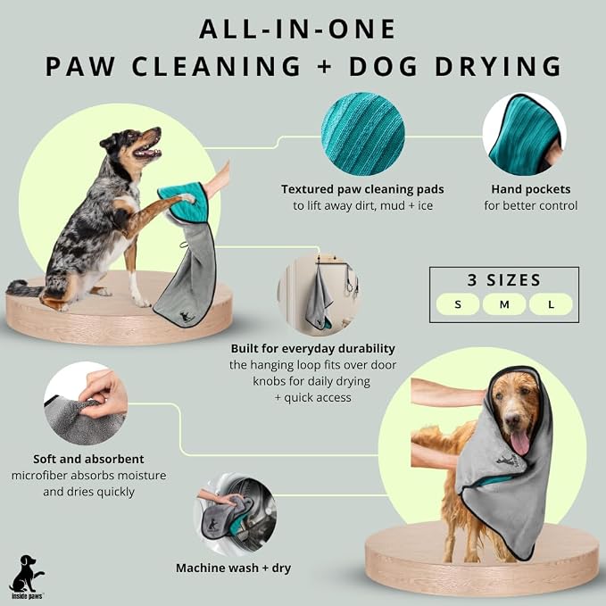 Microfiber Dog Towel & Paw Cleaner – Super Absorbent for Drying Dogs Large, Medium & Small, Quick Dry Pet Towels with Hand Pockets, Soft & Durable Puppy Towel, Machine Washable, Hanging Loop (Small)