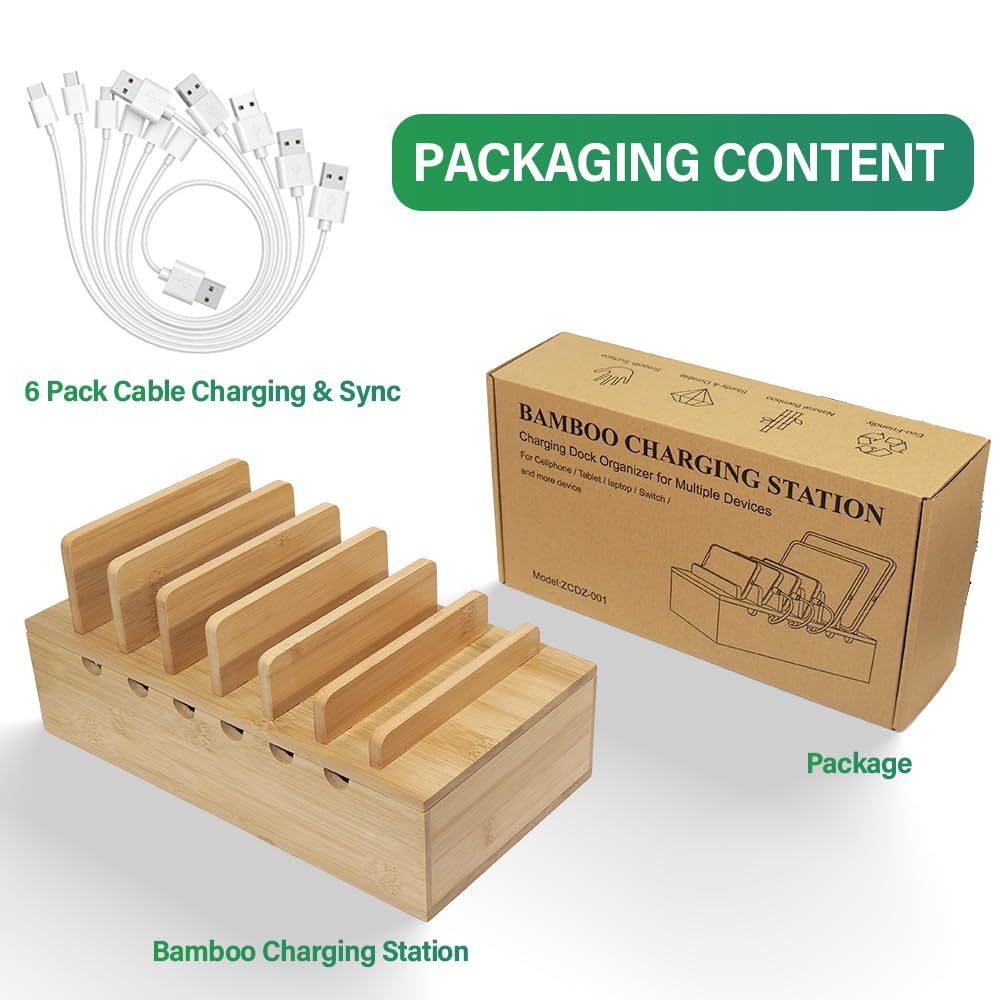 LEOKKARR Bamboo Charging Station for Multiple Devices, Desk Docking Stations Organizer Compatible with iPhone Devices, Wood Charging Cell Phone Holder Stand (Includes 6 Cables) (NO Power Supply)