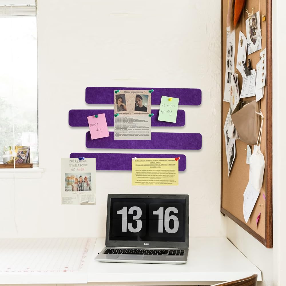 Vuzvuv 8 pcs Bulletin Board Bar Strips with 50 Pushpins & 10 Wooden Clip pins,Self Adhesive Cork Board for Wall,Felt Pin Board for School,Office Decor(Purple)