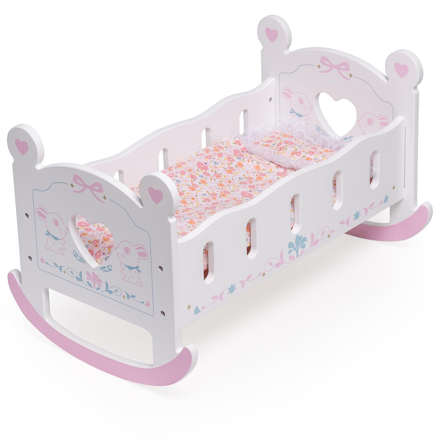 ROBOTIME Wooden Baby Doll Crib, Doll Cradle Bed for 18-24 Inch Dolls, Baby Doll Crib Set with Blanket and Pillow, Toy Doll Bed for Girls Ages 3+