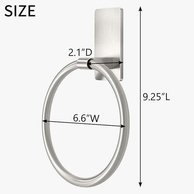 STWWO Brushed Nickel Towel Ring, Hand Towel Holder for Bathroom, Self Adhesive Hand Towel Rings for Bath, RV, No Drill Hole, 2 Pack