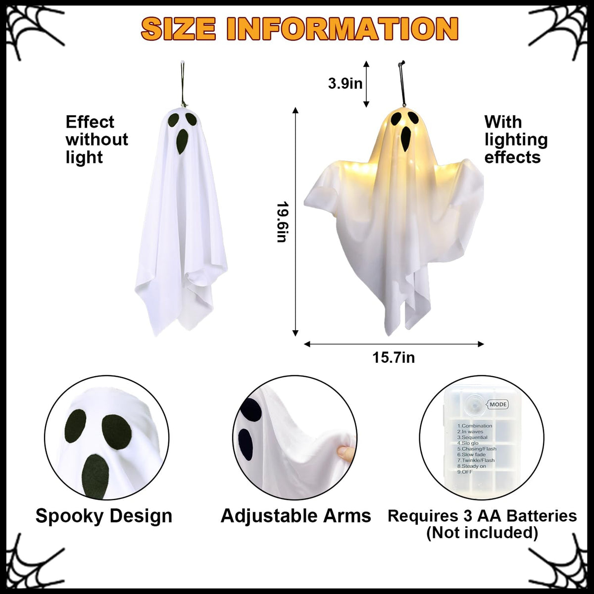 Lifnatty Halloween Hanging Ghost Lights with Remote Control β Floating Ghost Decorations with Timer, 8 Lighting Modes, Battery Operated for Scary Halloween Decor Indoor Outdoor (2-Pack)