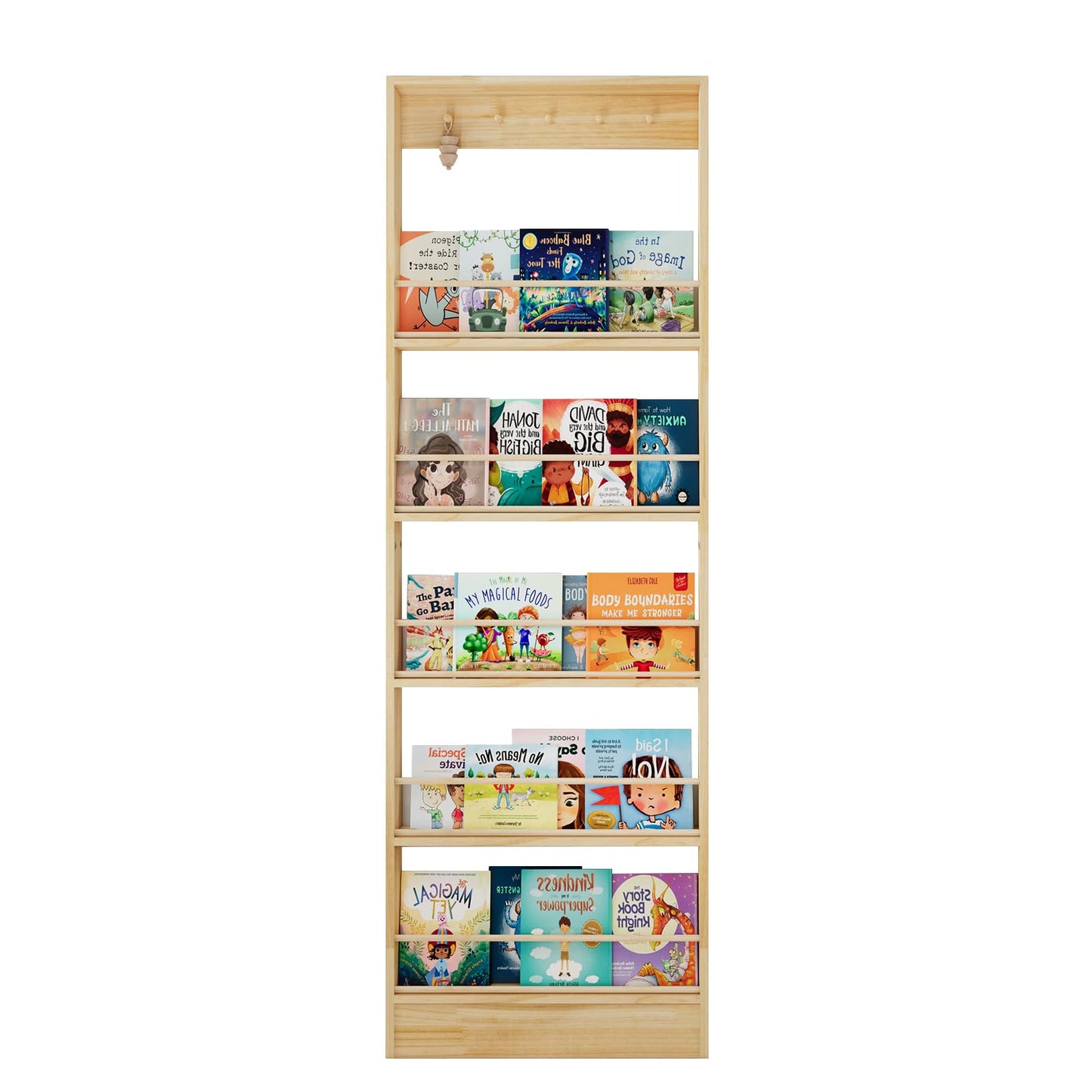 Chyanmoo Wooden Wall Mounted Bookshelf, 5 Tier Storage Shelf with Anti Tip Device, Space Saving Organizer with Built in Hooks and Raised Edges for Living Room Bedroom Home Office