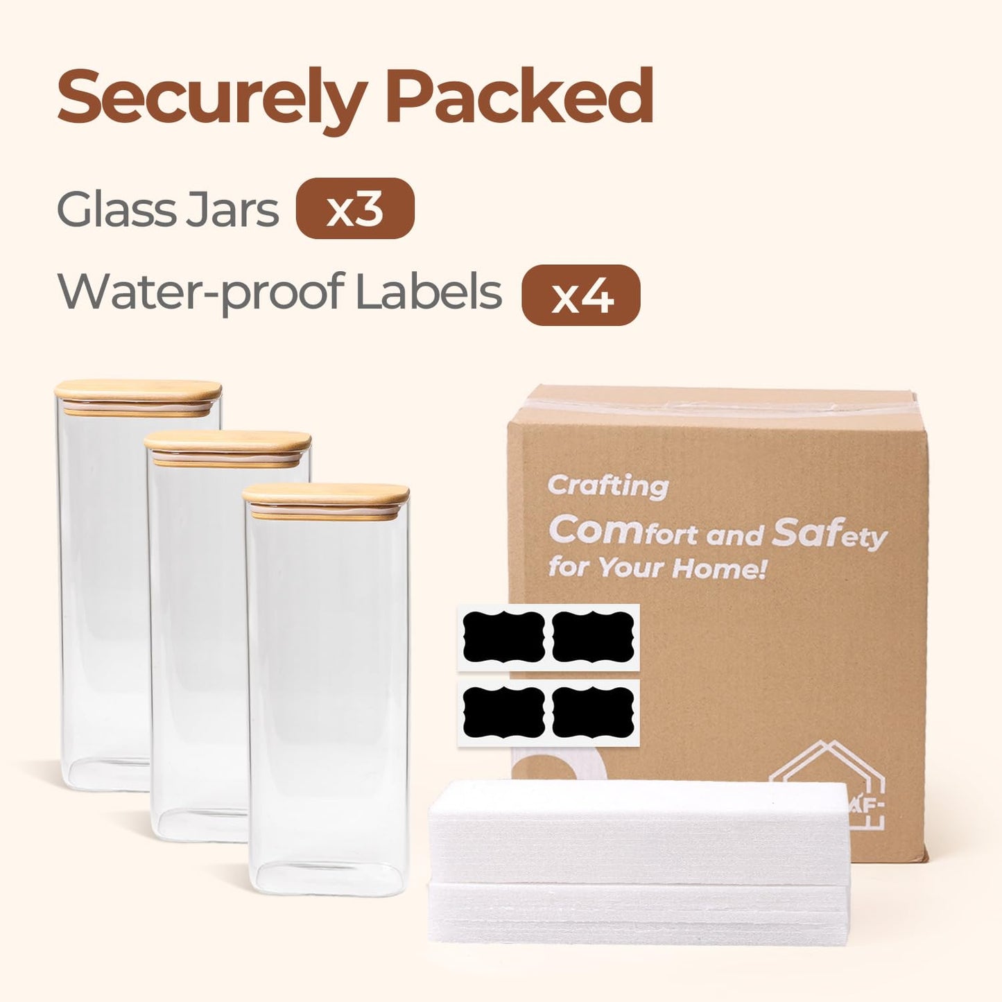 Comsaf Spice Jars with Label,8 oz Small Glass Jars with Lids, 6 Pcs Seasoning Containers, Rectangle Glass Containers with Lids, Empty Seasoning Jars for Pantry Storage, Loose Tea, Herbs, Powders, Salt