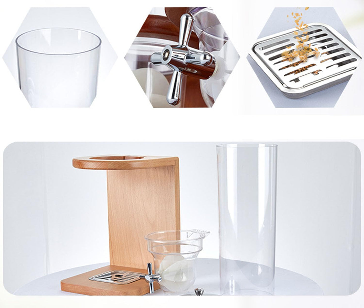 Litelogy Cereal Dispenser with Wooden Base, 3 Barrels Airtight Dry Food Container, 4L Each Countertop Organizer for Oats, Grains, Nuts, Beans, Rice