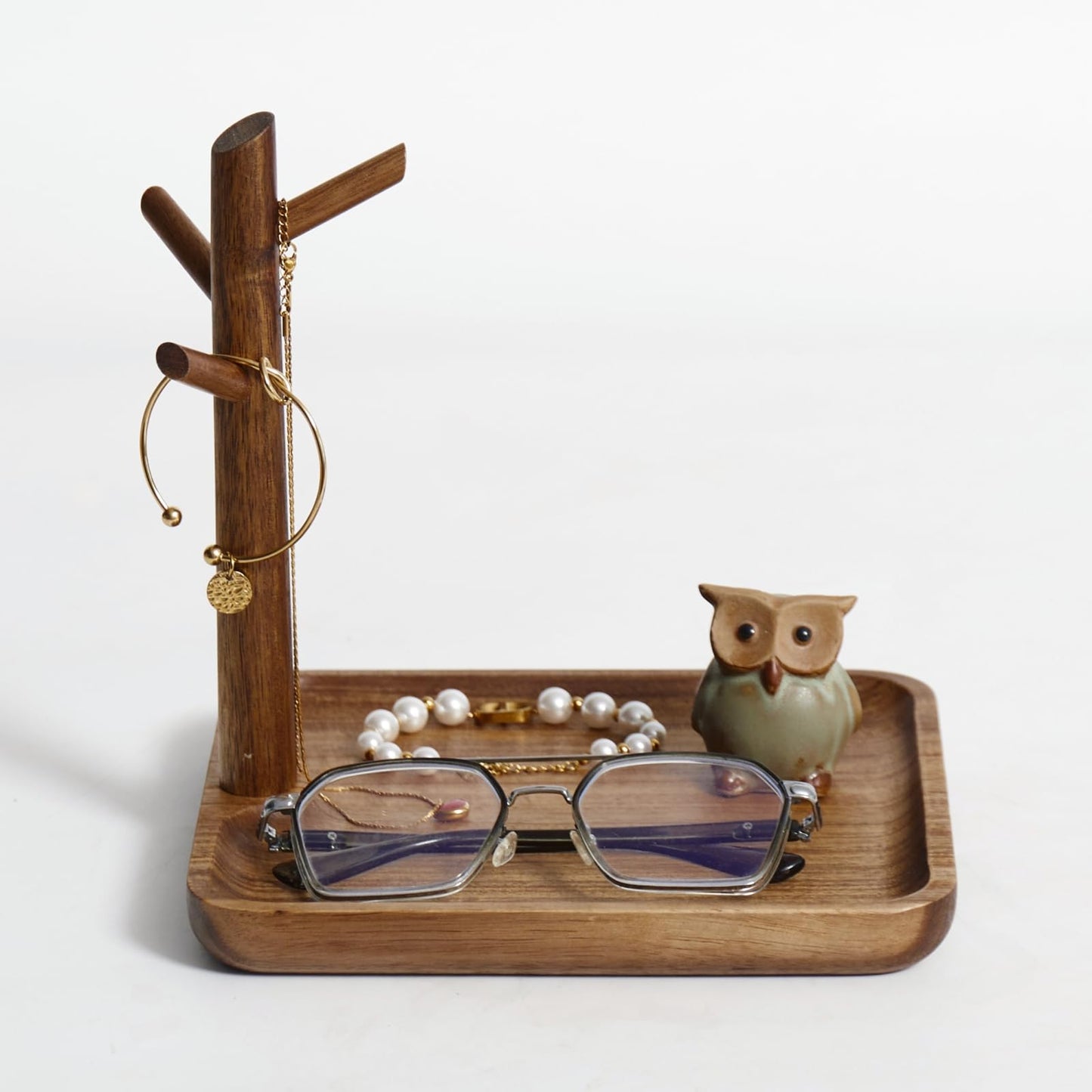 THFLSTR Solid Acacia Wood Key Tray and Bowl for Entryway Table - Jewelry Tray With 3 Hooks, Open Storage for Wallet, Glasses, Watches, Lipstick (Acacia, Square)