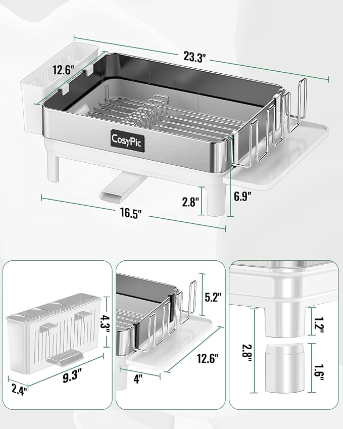 Dish Racks, Thicker Premium 304 Stainless Steel Dish Drying Rack for Kitchen Counter, Automatic Drainage Spout, Dish Drainer & Drainboard Set with Utensil Holder and Cup Holder, White