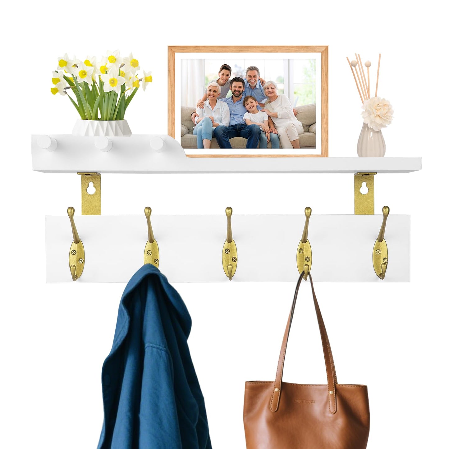 Lampaggio Wall Mounted Coat Rack with Shelf, 5 Gold Double Hooks, 3 Pegs, 16.5 inches White Wood Floating Shelf for Entryway, Bathroom, Bedroom