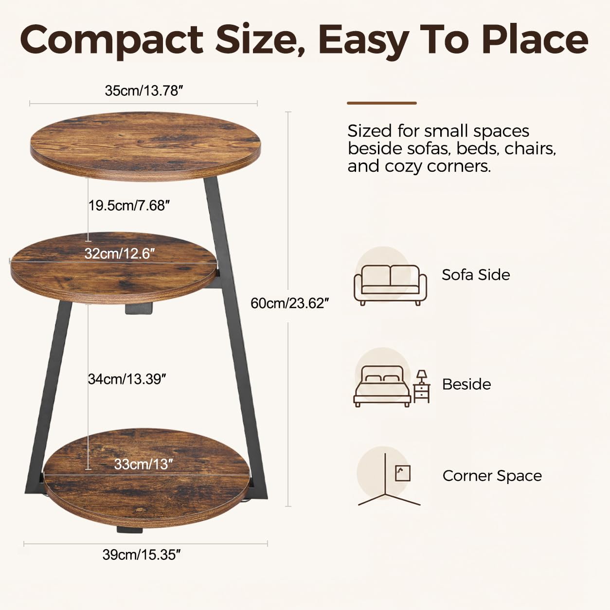BEWISHOME Round Side Table, 3-Tier End Table, Nightstand with Metal Frame, Vintage Accent Table for Small Spaces with Storage Shelf, Living Room, Bedroom, Brown, 15.35"L x 13.78"W x 23.62"H, KTZ41Z