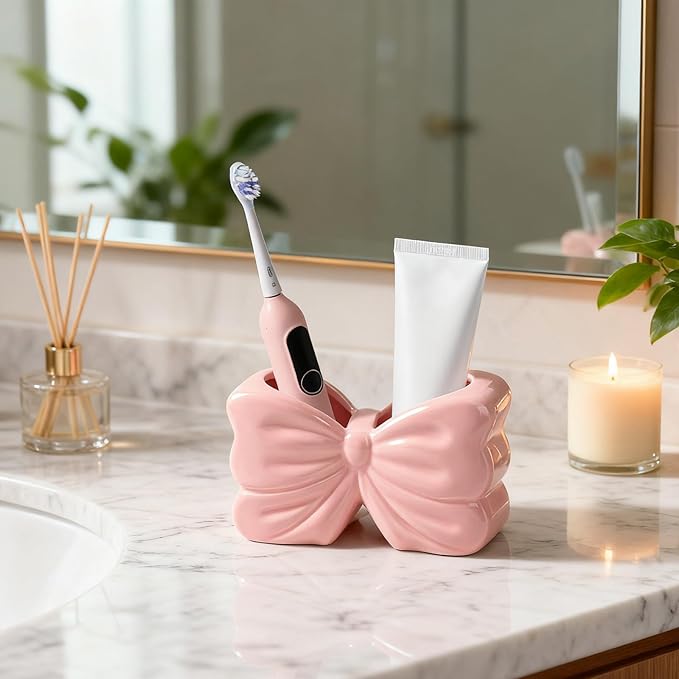 Bow Toothbrush Holder, 2-Slot Toothbrush and Toothpaste Holder Cute Toothbrush