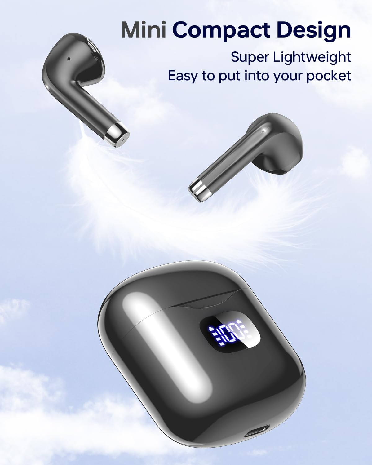 Wireless Earbuds Bluetooth 5.3 Ear Buds, Bluetooth Headphones with LED Display Charging Case, 40Hrs Playtime Stereo Sound, IPX7 Waterproof in-Ear Earphones with Mic for Phone Tablet Sports, Charcoal