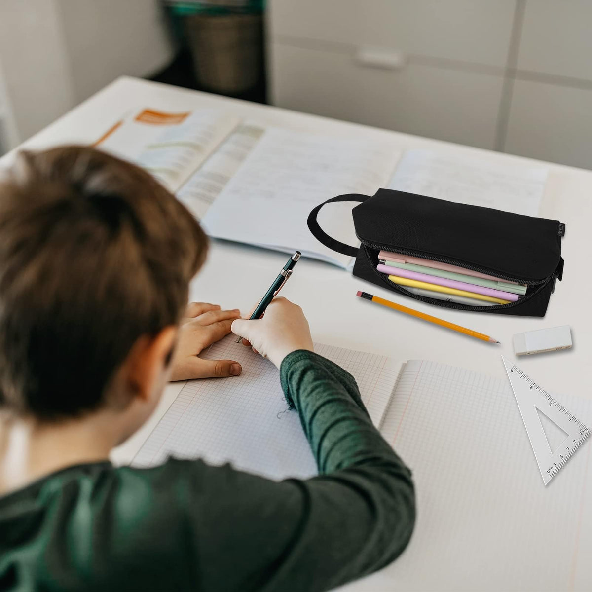 Fmeida Pencil Case Pouch - Water Resistant Pencil Pouch Portable Pencil Bag Simple Office Stationery Pouch with Handle Back to School Supplies - Black