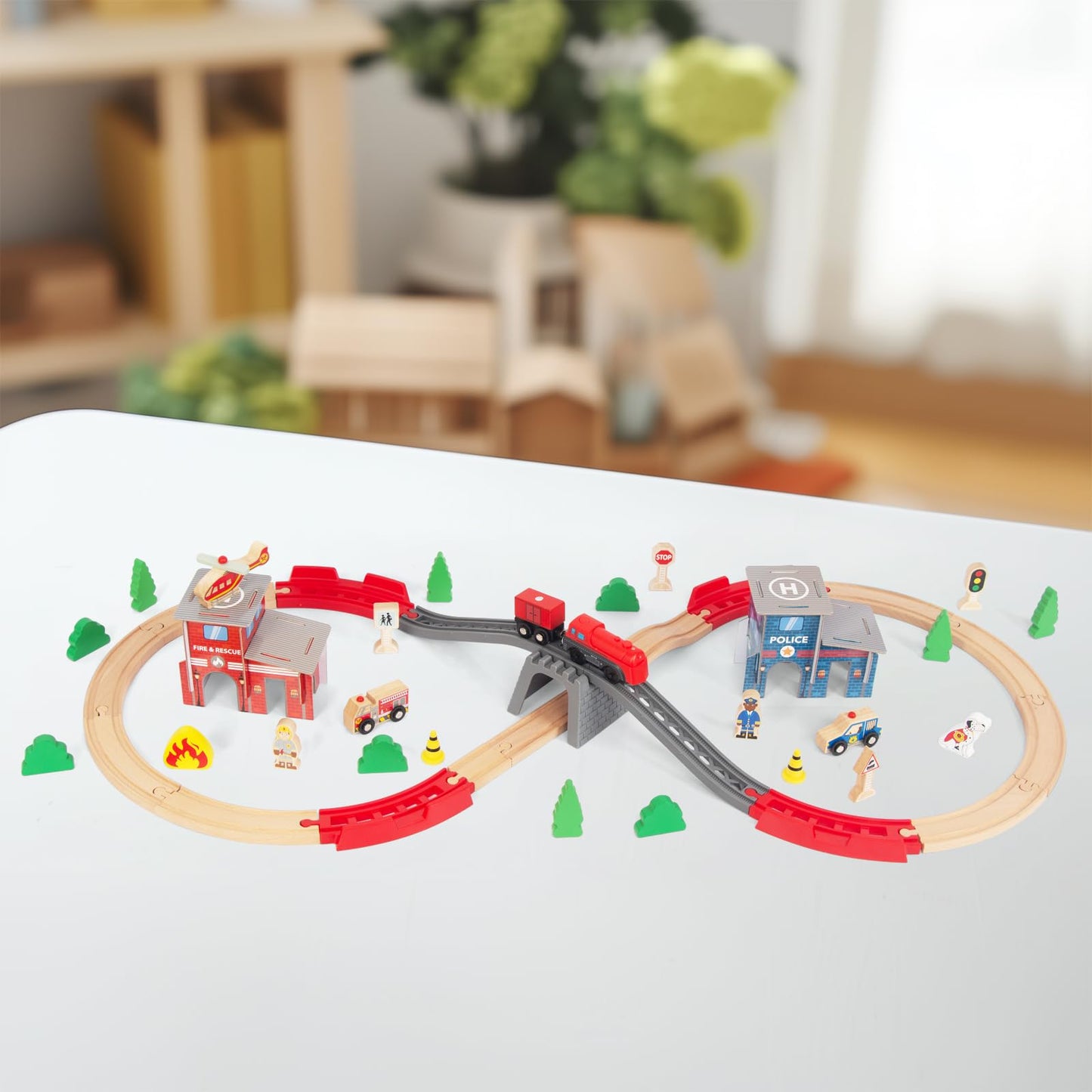 WoodenEdu Wooden Train Set for Toddler - 60 Pcs- with Wooden Tracks fits Thomas, fits Brio, fits Chuggington, fits Melissa and Doug - Expandable, Changeable-Train Toy for 3 4 5 Years Old Girls & Boys
