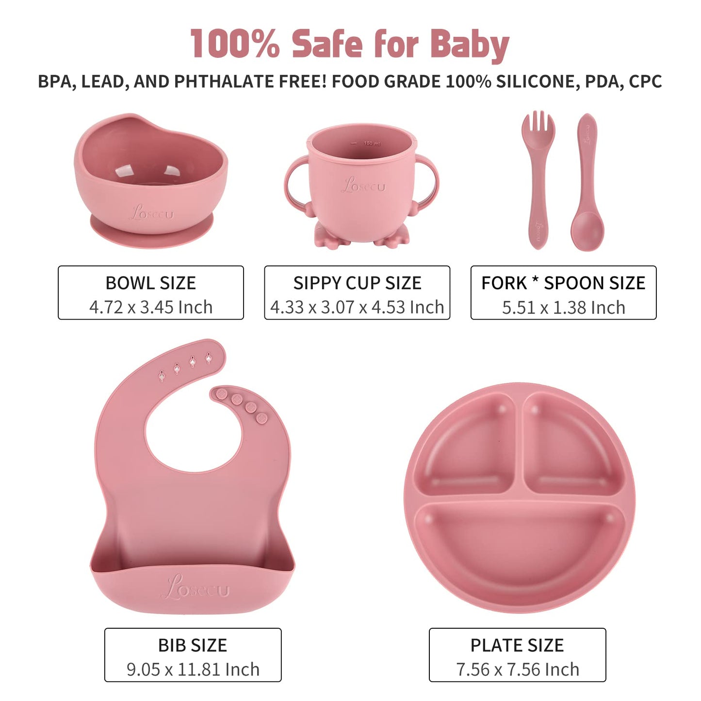 Losecu Silicone Feeding Set|Baby Led Weaning Supplies|Suction Plate Bowl Set with Bib, Spoon, Fork, Sippy Cup|Feeding Eating Supplies BPA Free
