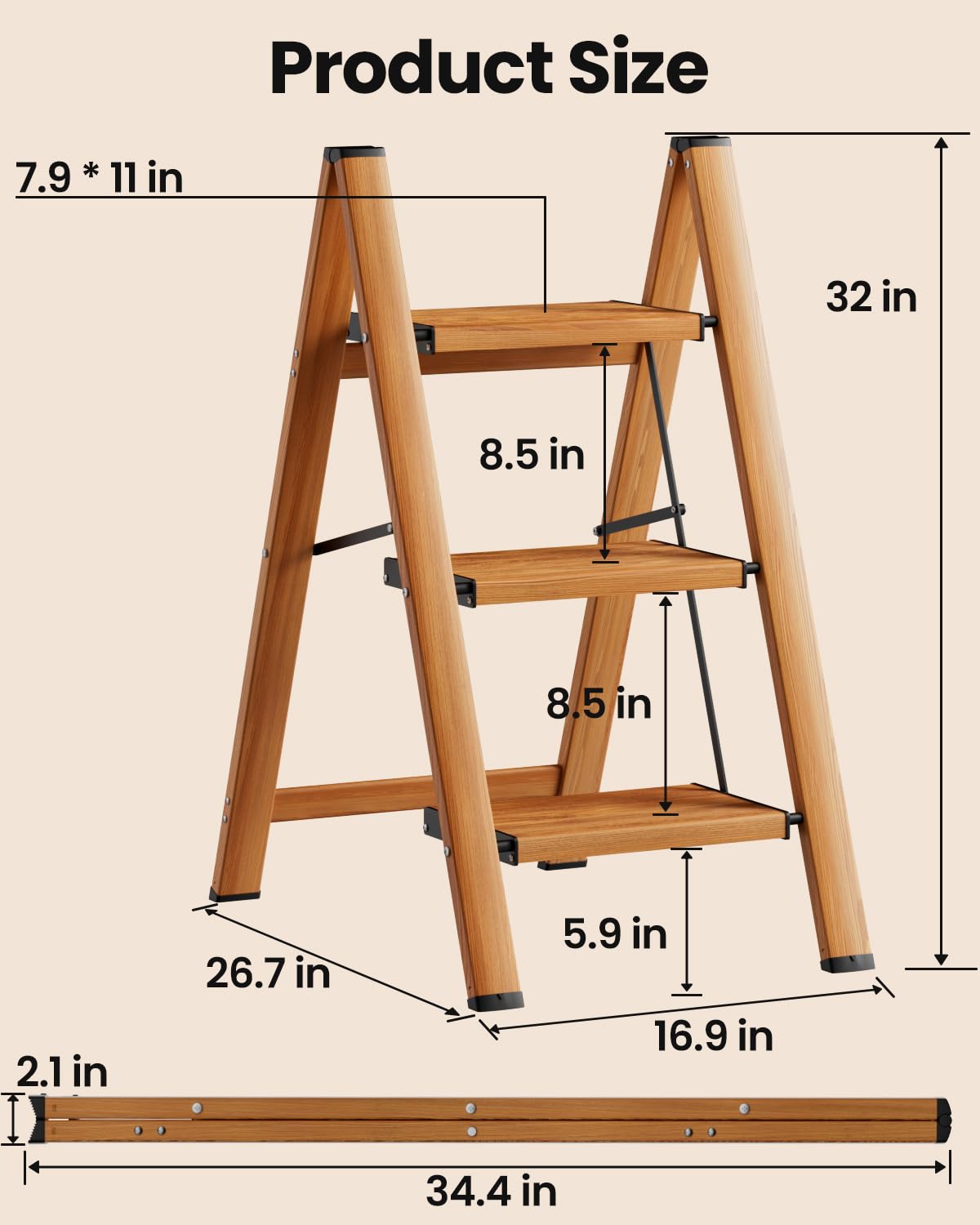 SOLADDER 3 Step Ladder, Folding Aluminum 3 Step Stool with Anti-Slip Wide Sturdy Pedal, Multi-Use for Home and Kitchen, Space Saving-Woodgrain(300 lbs Capacity)
