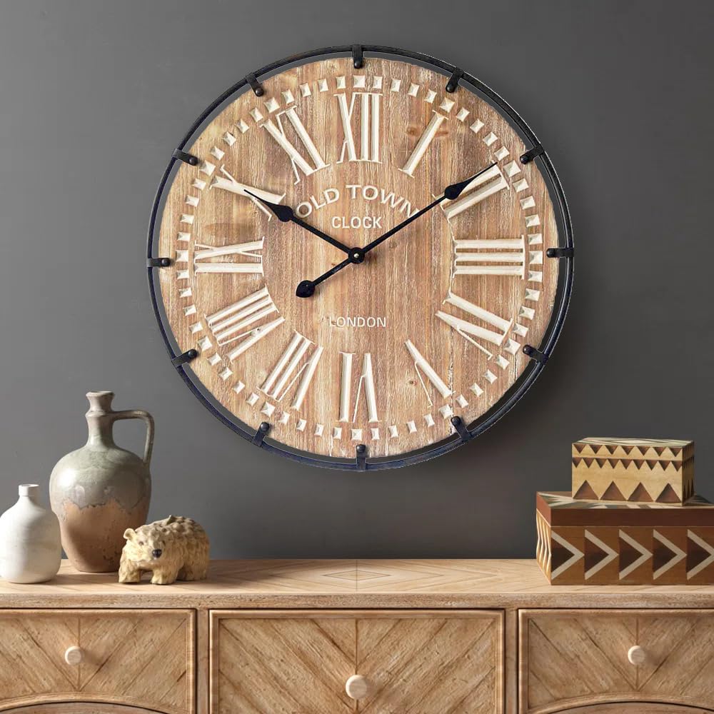 MODE HOME 24 Inch Large Farmhouse Wall Clock,Rustic Wooden Wall Clock Decorative with Metal Circle and Engraved Numerals, Silent Battery Operated for Kitchen Bedroom Living Room Fireplace Mantel