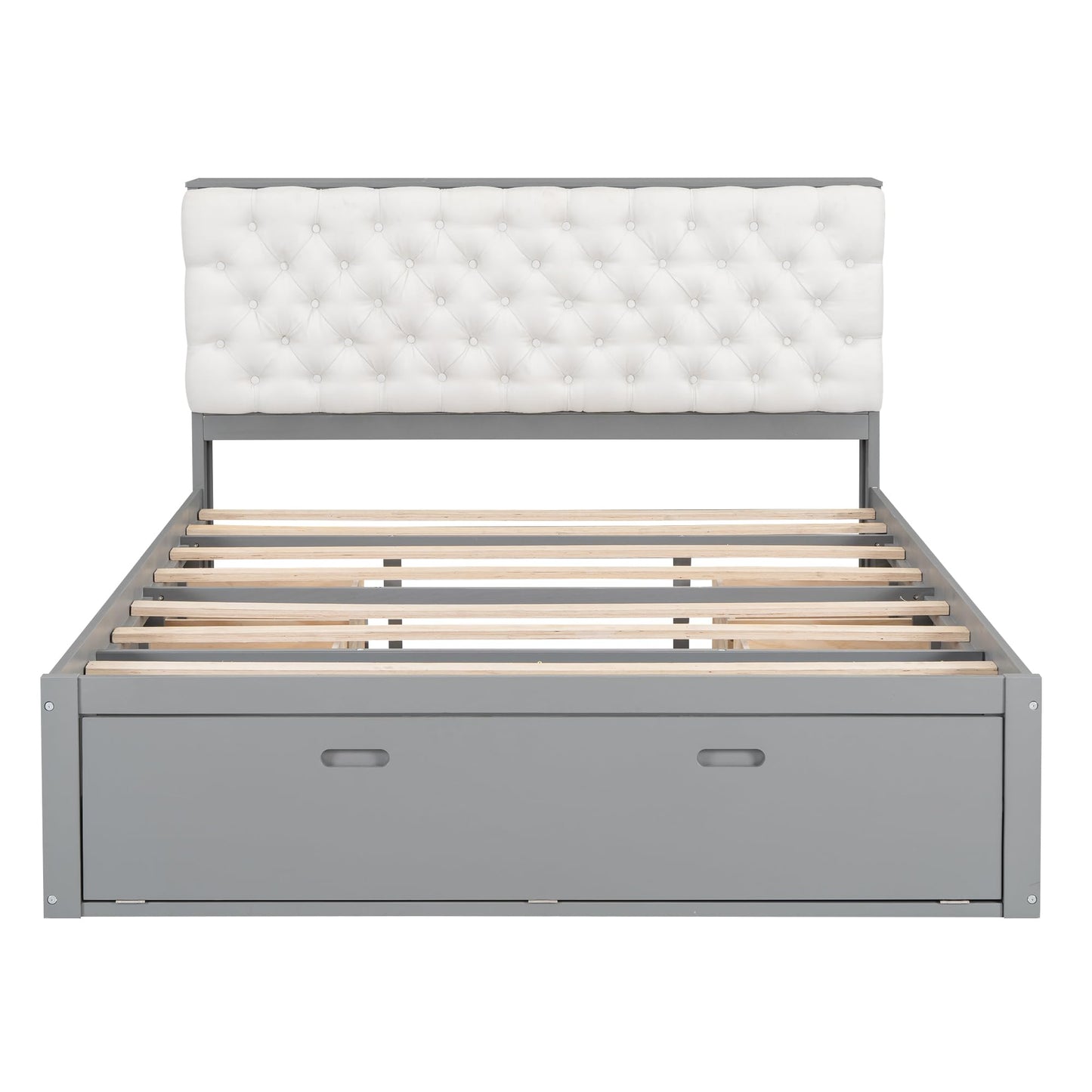 Merax Queen Size Bed Frame with Upholstered Storage Headboard, Rustic Wood Platform Bed with Four Drawers and Shoe Rack, Sturdy Wooden Slats Support, No Box Spring Needed, Easy Assembly, Gray