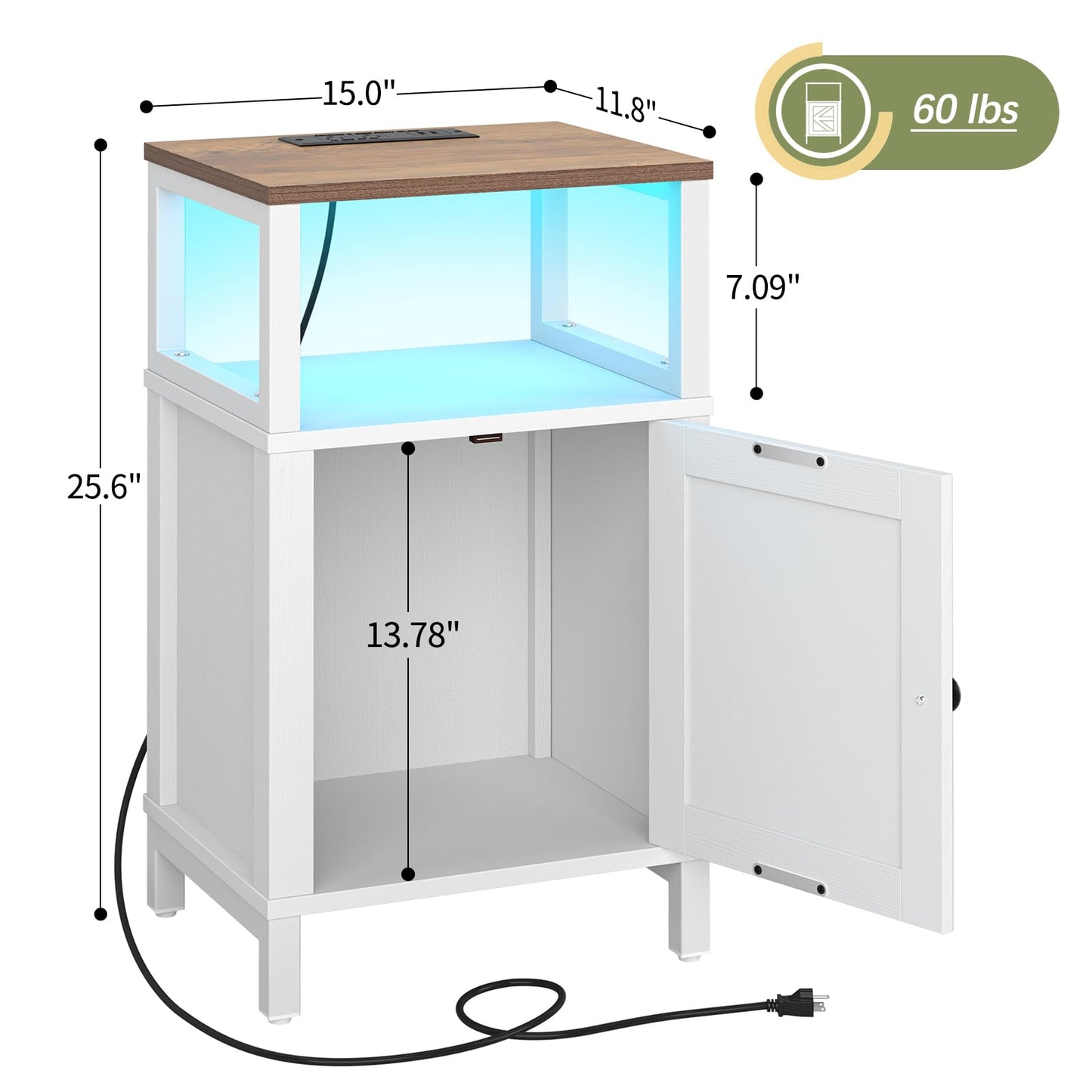 Yoobure Farmhouse NightStand with Charging Station,Wood Night Stand End Table with USB Ports, LED Bed Side Table with Storage Cabinet,Bedside Table for Bedroom, Living Room White