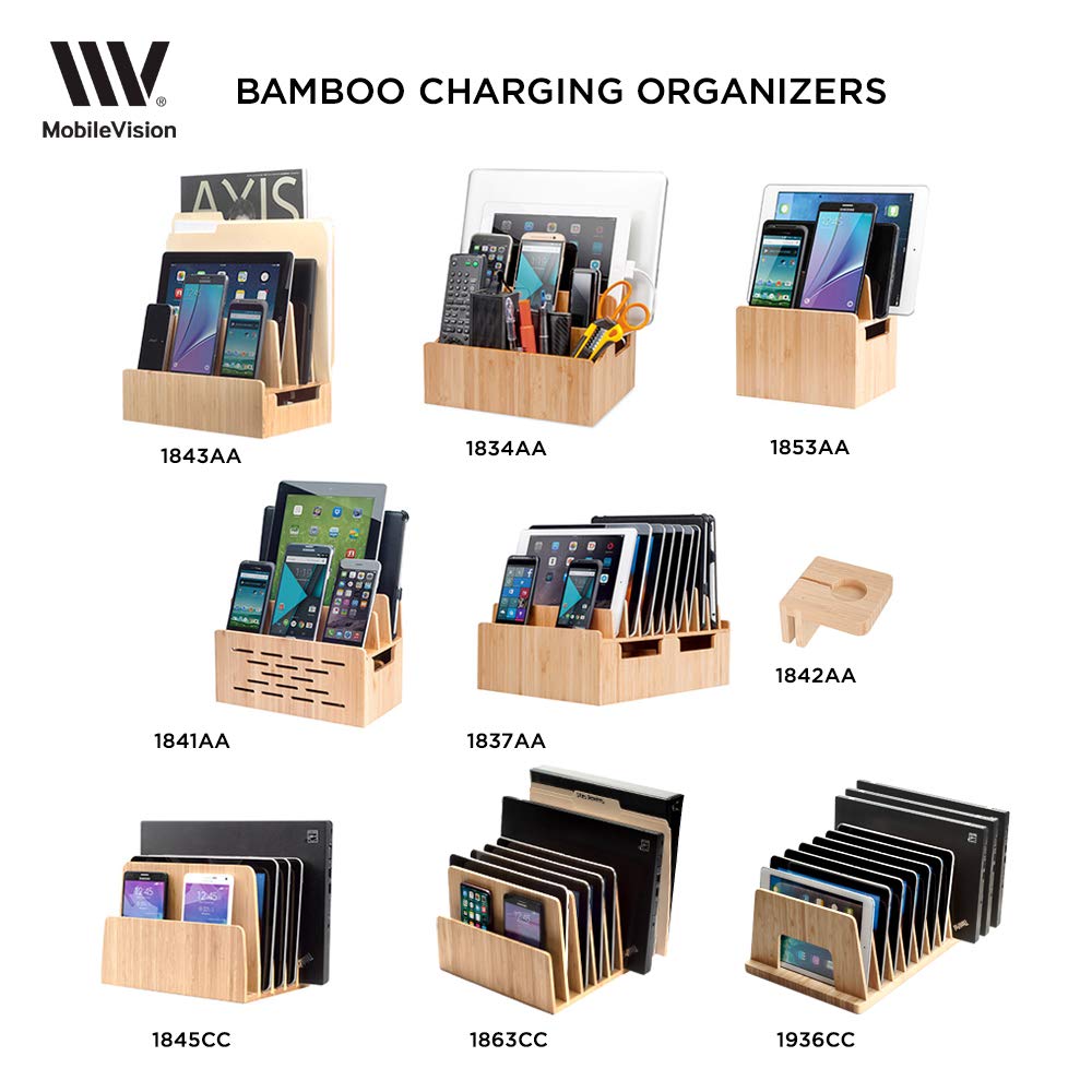 MobileVision Bamboo Multi Device Inclined Organizer for Smartphones, Tablets and Laptops, Upright Sections, Step Sorter, 5 Slots