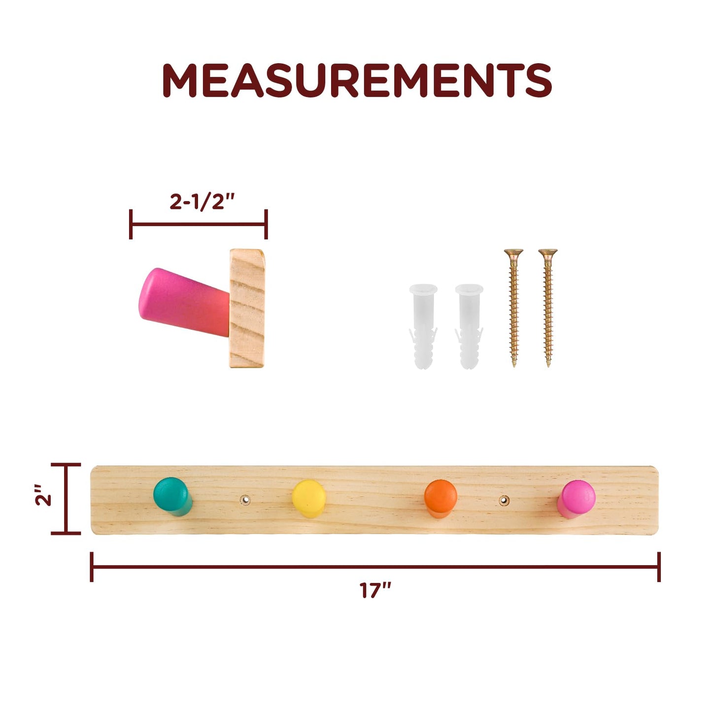 Monläurd® 100% Birch Solid Wood Wall-Mounted Coat Rack for Kids – Child-Safe Hook Hanger for Jackets, Hats, Backpacks, Towels & Keys – Ideal for Entryway, Bedroom, Playroom, or Bathroom