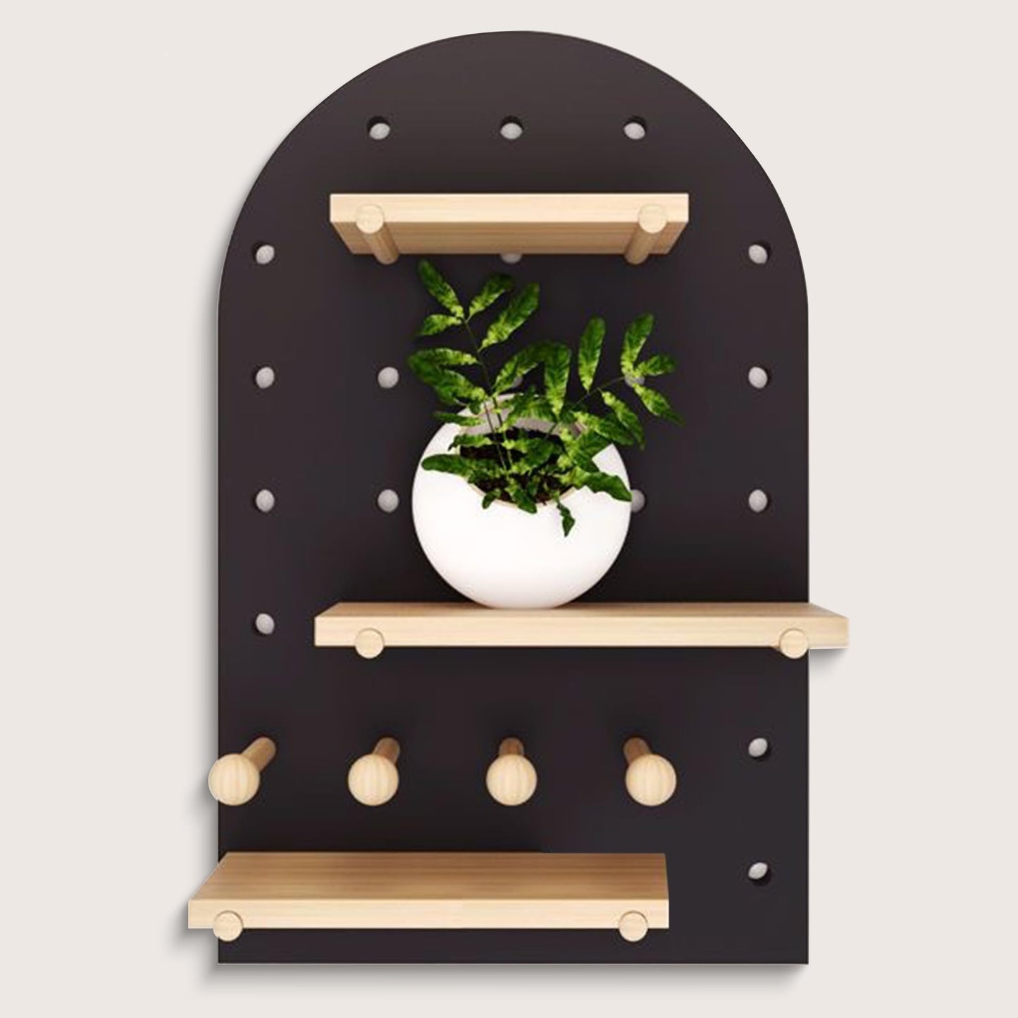 LIYAOLI Arched Wood Pegboard Shelf - 16 x 24 Inch Boho Wall Shelf with Wooden Pegs & Dividers, Natural Wall Decor for Home Office Nursery Decor, Floating Shelf & Storage Organizer (Black)