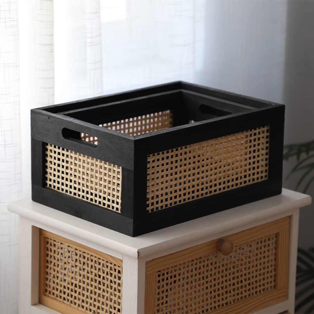 HODAKJUE Wood Baskets, Rattan Storage Baskets for Organizing, Black, Set of 2