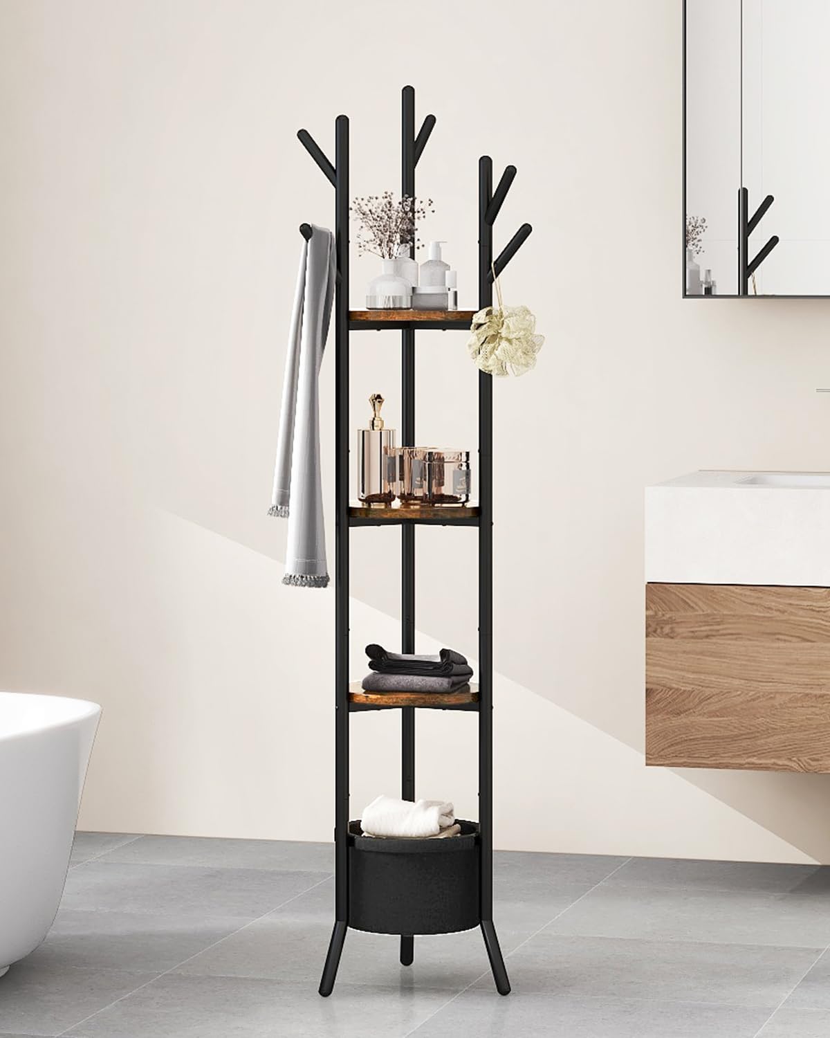 YMYNY Coat Rack, Freestanding Coat Stand with Storage Shelves, Hall Trees with 3 Wooden Shelves and 1 Fabric Basket, Metal Clothes Stand for Hats Bags Hallway Bedroom Rustic Brown UHGR005H