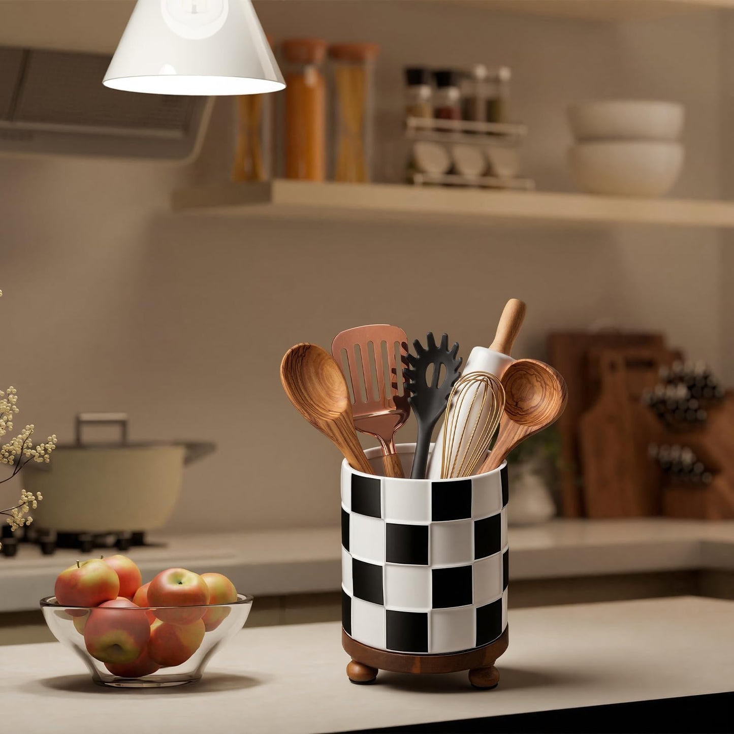 Ferrochef Kitchen Utensil Countertop Holder Checkered Utensil Crock with a Wooden Base 7.5 Inch Organizer Country Style Decorative for Storing Spoons Spatulas and Pot Spatulas
