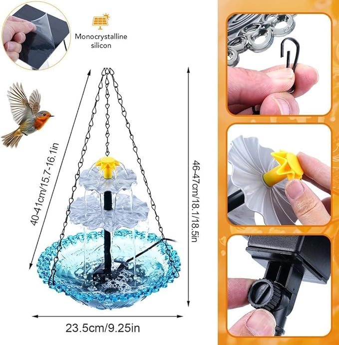 Solar Fountain for Bird Bath,Solar Cascade Hanging Bird Bath Fountain,Large Humming Birds Baths Fountains, with Solars Pump & Glass Bowl, for Outdoor, Gardens (Pink)