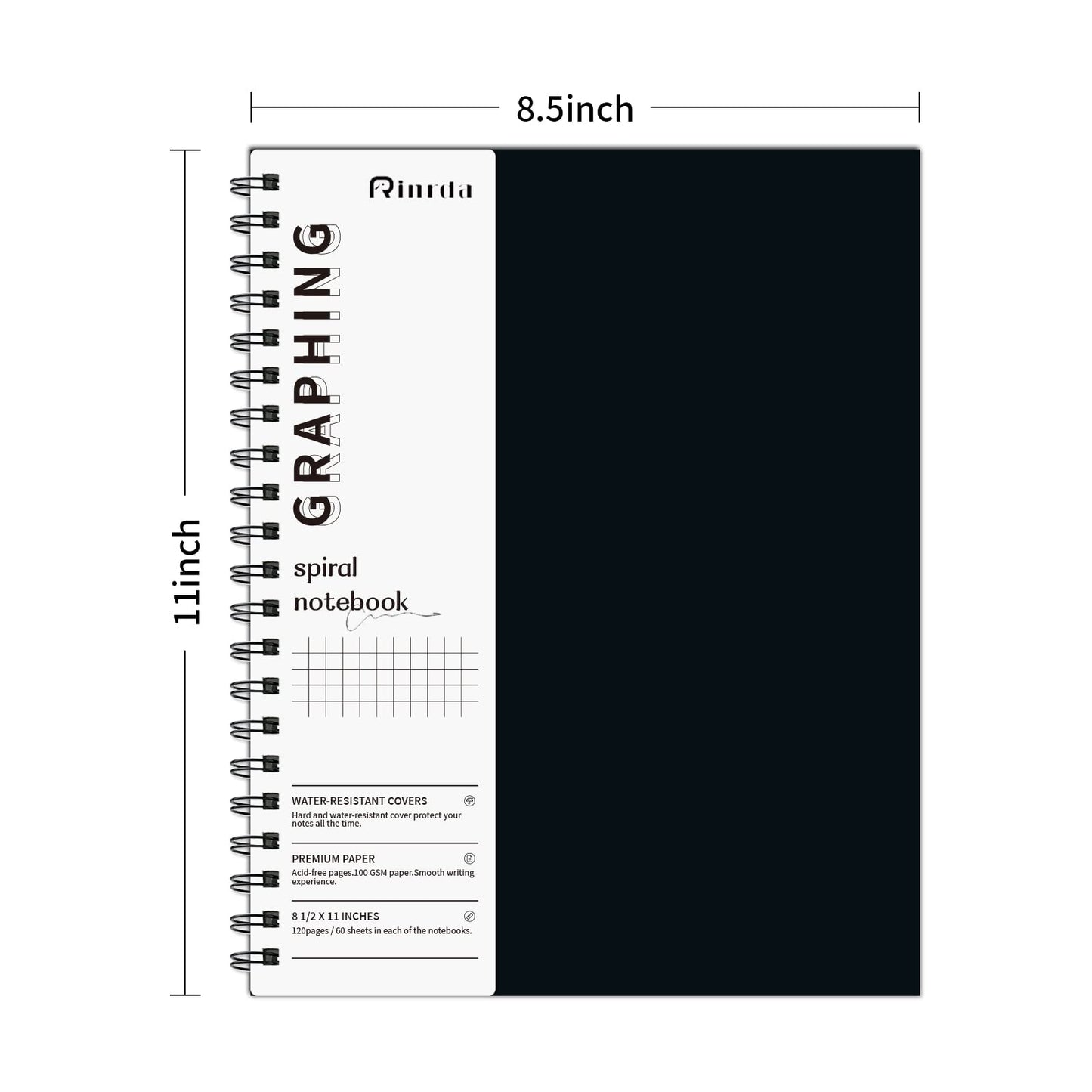 Rinrda Graph Paper Notebook Spiral Notebook 8.5" x 11"-4 Pack Grid Paper Notebook Graph notebook Engineering notebook 120 Pages 100 GSM Thick Graphing Paper Notebook Hardcover Journal for School,