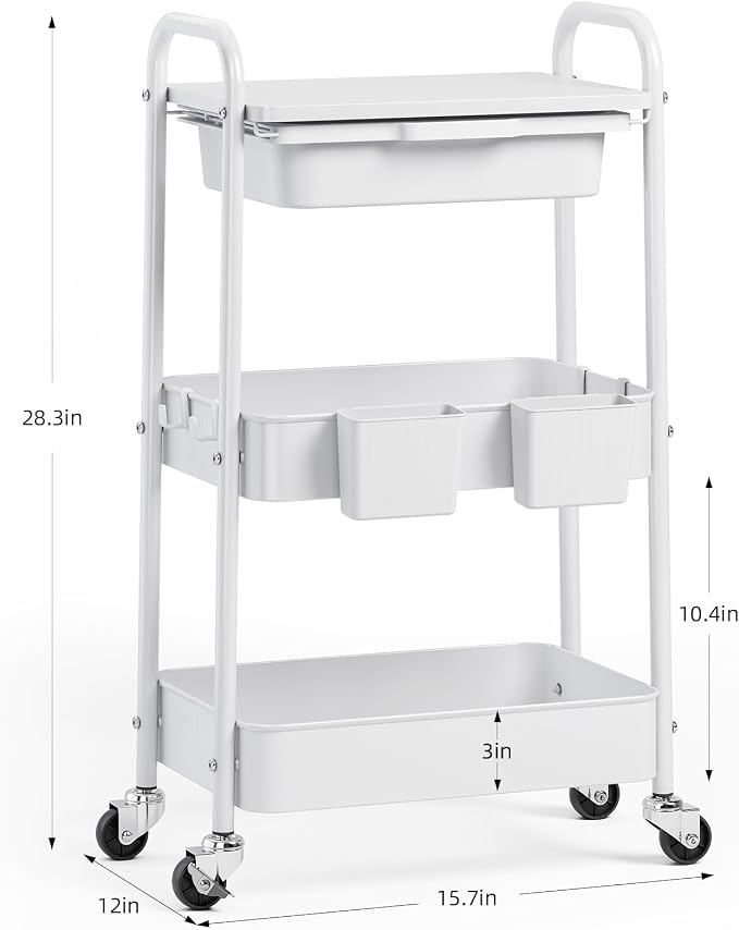 3 Tier Metal Rolling Utility Cart with Drawer & Lockable Wheels - Heavy Duty Multifunctional Storage Organizer with 2 Cups and 4 Hooks for Bathroom, Kitchen, Snack, Craft, Makeup, Baby Essentials