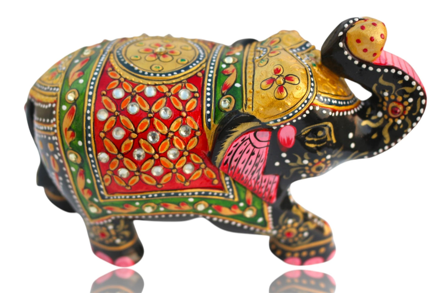 Modern Handcrafted Wooden Elephant Figurine – Trunk up Design with Gemstone Accents | Artistic Decorative Elephant Statue for Home Decor, Office, Gifts – Symbol of Protection & Wisdom (Black & Gold)