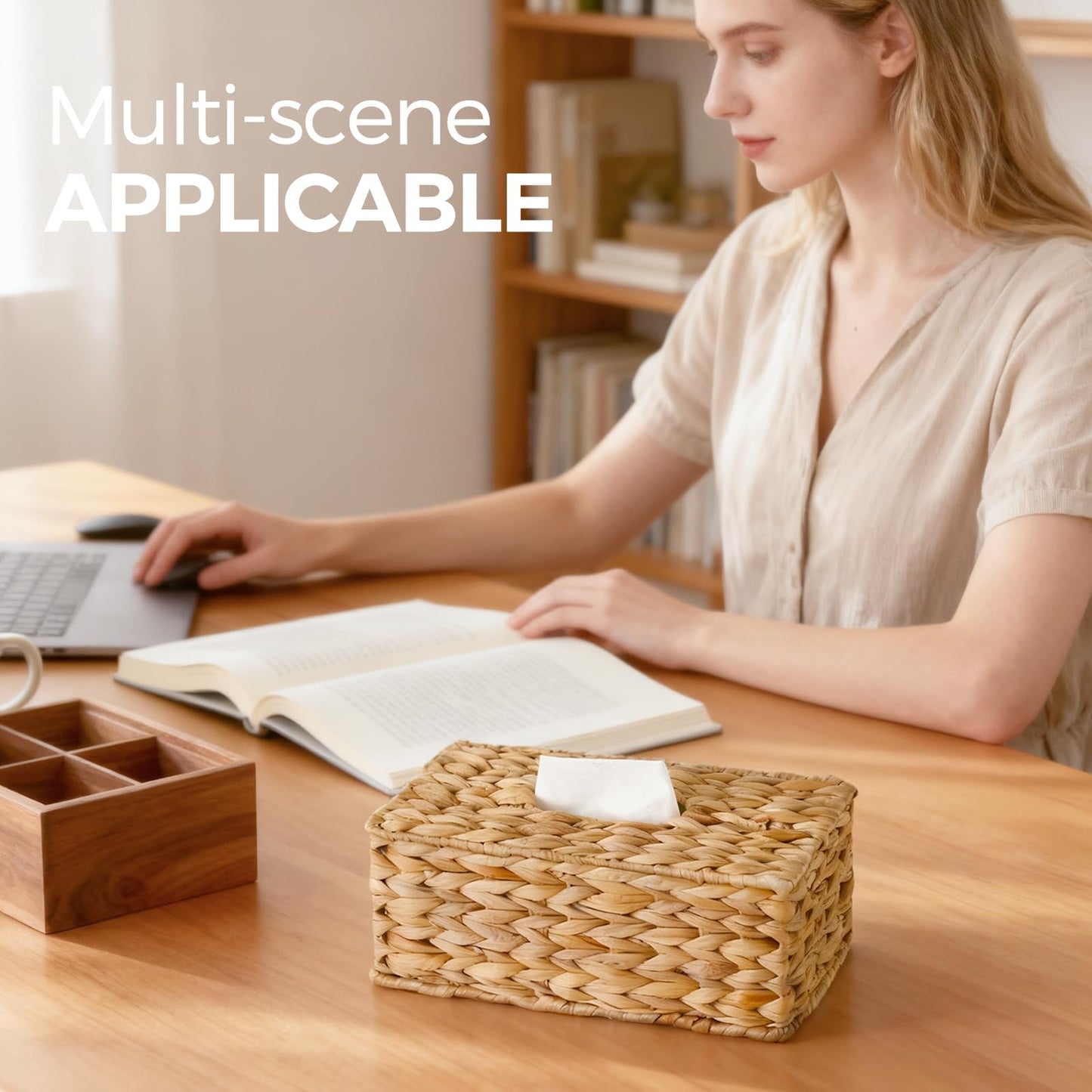2 Pack Rectangle Wicker Tissue Box Cover Fits 120-Count (3-Ply) / 160-Count (2-Ply) Boxes, Natural Rattan Woven Facial Tissue Holder, Decorative Tissue Box Holder for Bathroom