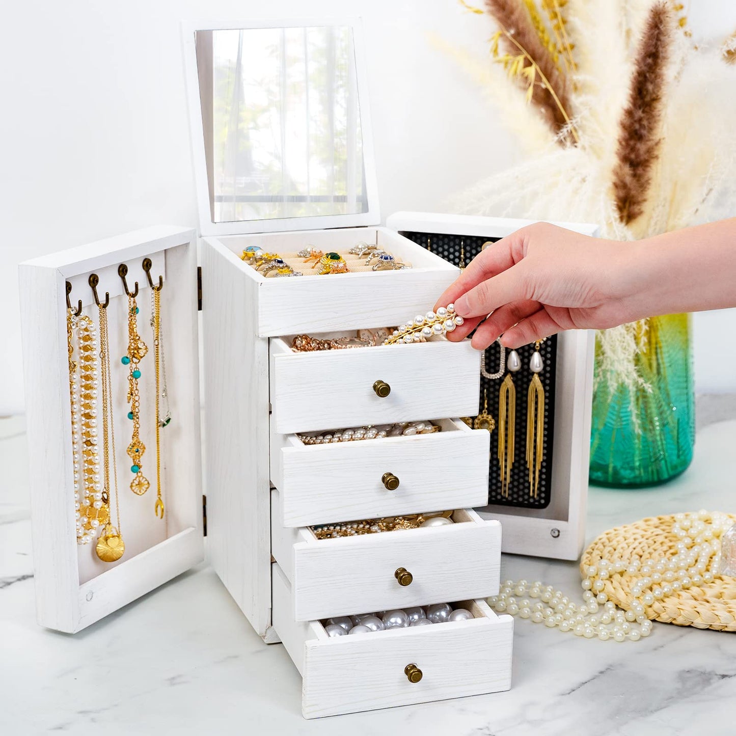 Meangood Jewelry Box Wood for Wowen, 5-Layer Large Organizer Box with Mirror & 4 Drawers for Rings, Earrings, Necklaces, White