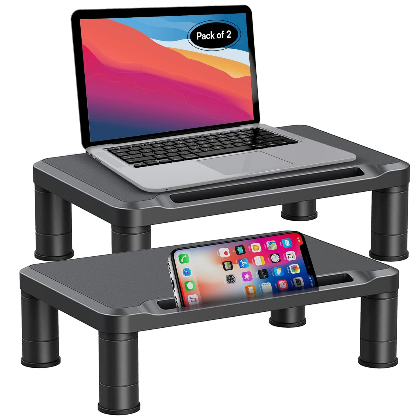 Halter's Adjustable Monitor Stand Riser Stackable Monitor Riser for Laptop Computer Desktop Printer Desktop Stand Computer Stand for Home Office Black Pack of 2