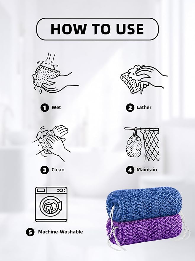 Cleangor 2Pcs African Net Sponge Authentic with Knots - Exfoliating Body | Scrubber for All Skin Types, African Bath Sponge, Wash Cloth, Gentle Exfoliation Shower Rag for Women Daily Use
