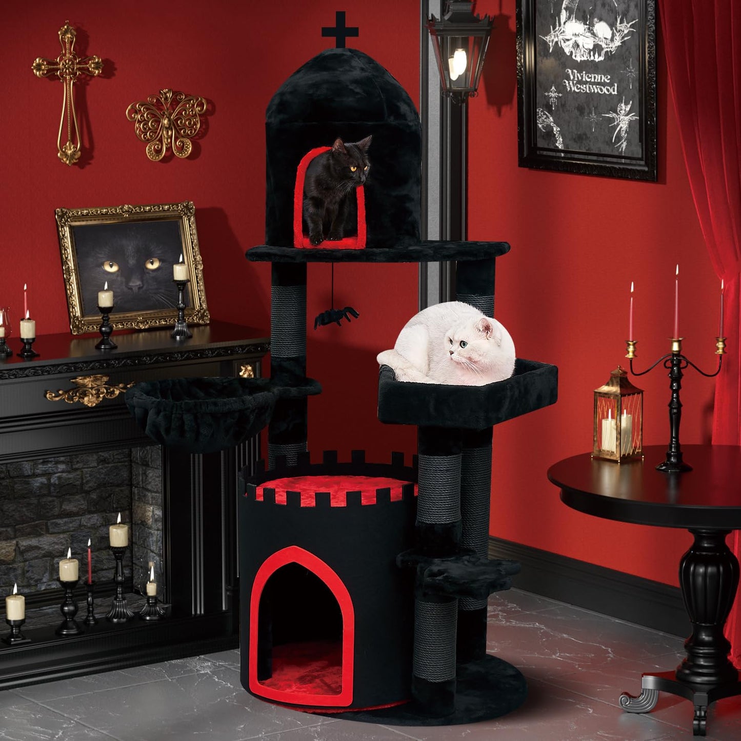 YARUOMY Gothic Cat Tree Castle, 56in Black Cat Tower with Coffin Cat Bed, Spacious Cat Condo for Halloween Cat, Kraft Twine Scratching Posts, Spider Hanging Ball,Goth Pet Furniture