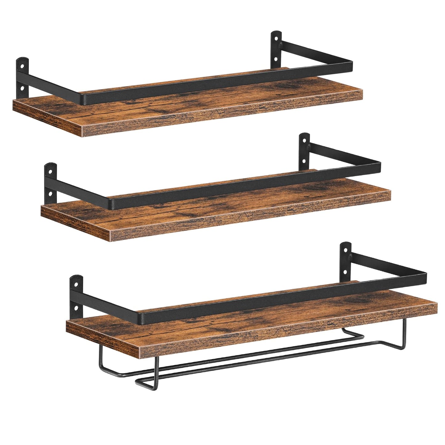 HOOBRO Wall Mounted Wine Rack 3 Pack, Wine Rack with Glass Bottle Holder, Hanging Wine Shelves with Stemware Hanger, Wine Display Storage Rack for Home Bar, Kitchen, Dining Room, Rustic Brown BF34BJ01