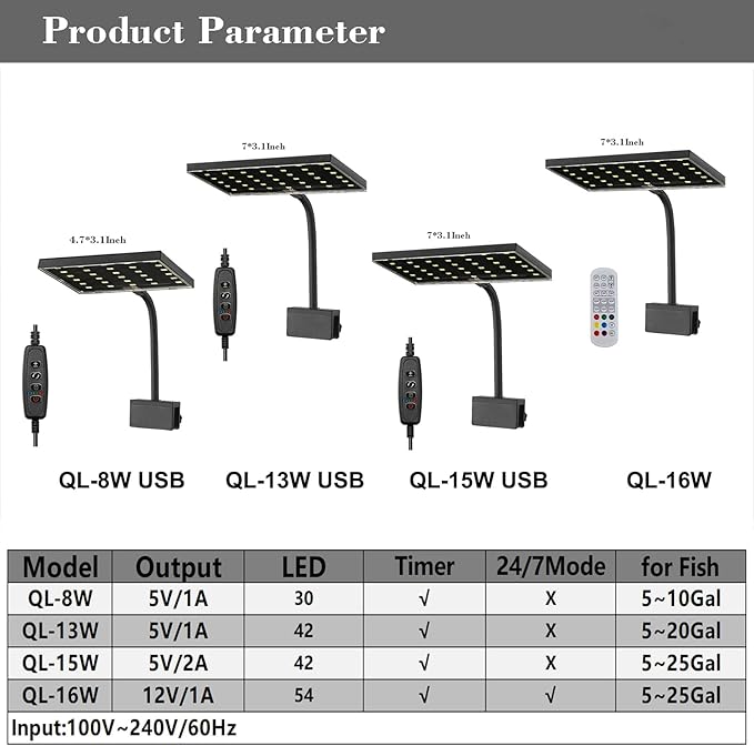 Carefree Fish Aquarium LED Light USB 5V1A RGBW 5730 Timmer 5~20Gal Fish Tank Clip Light 10 Brightness Levels 13W with USB Port (Include UL Certification Power Adapter)