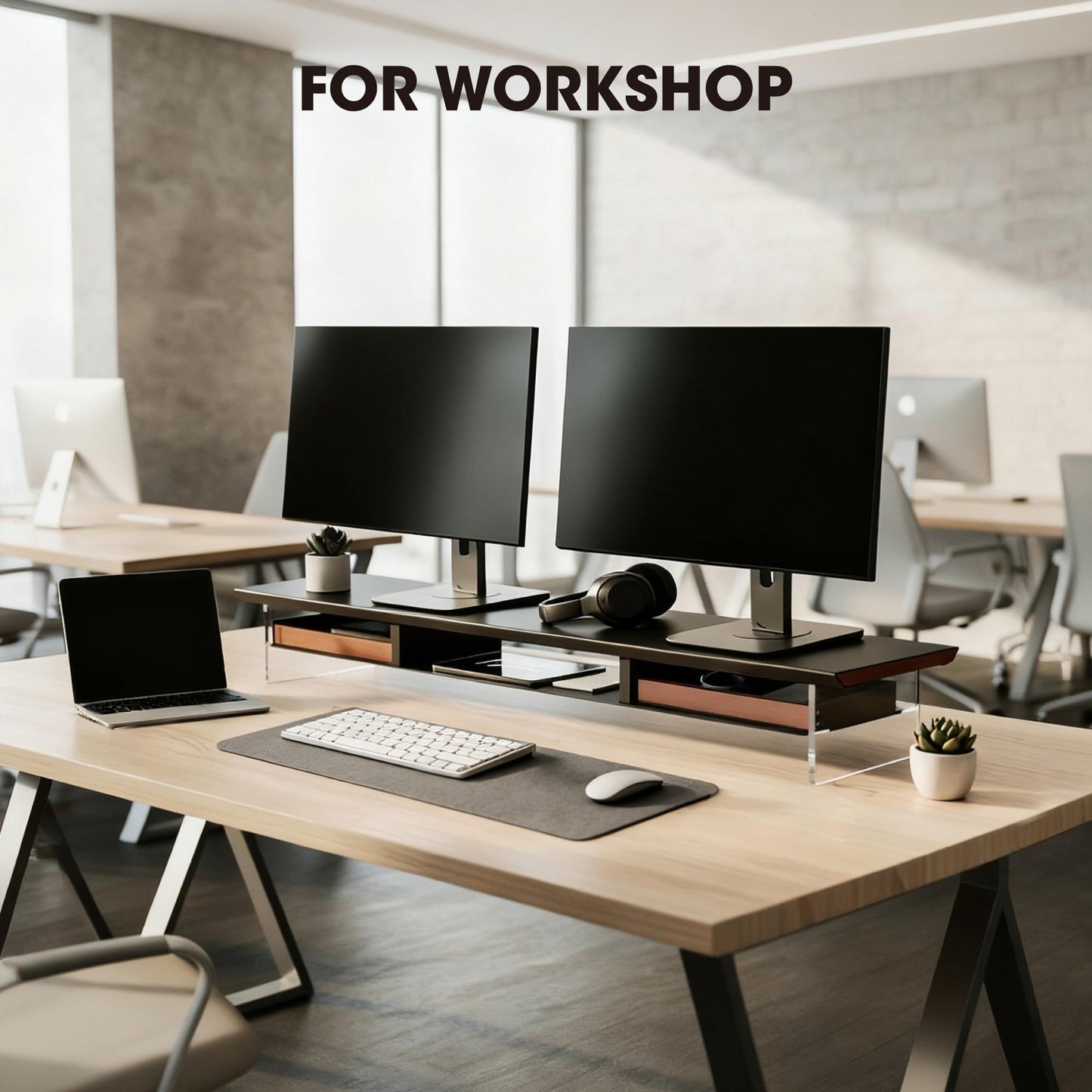 Fenge 42.5” Dual Monitor Stand Riser with 2 Felt-Lined Drawers, Aesthetic Metal and Wood Monitor Shelf with Acrylic Legs, 2-Tier Desk Organizer for 2 Monitors, Laptop, Printer, TV, Black