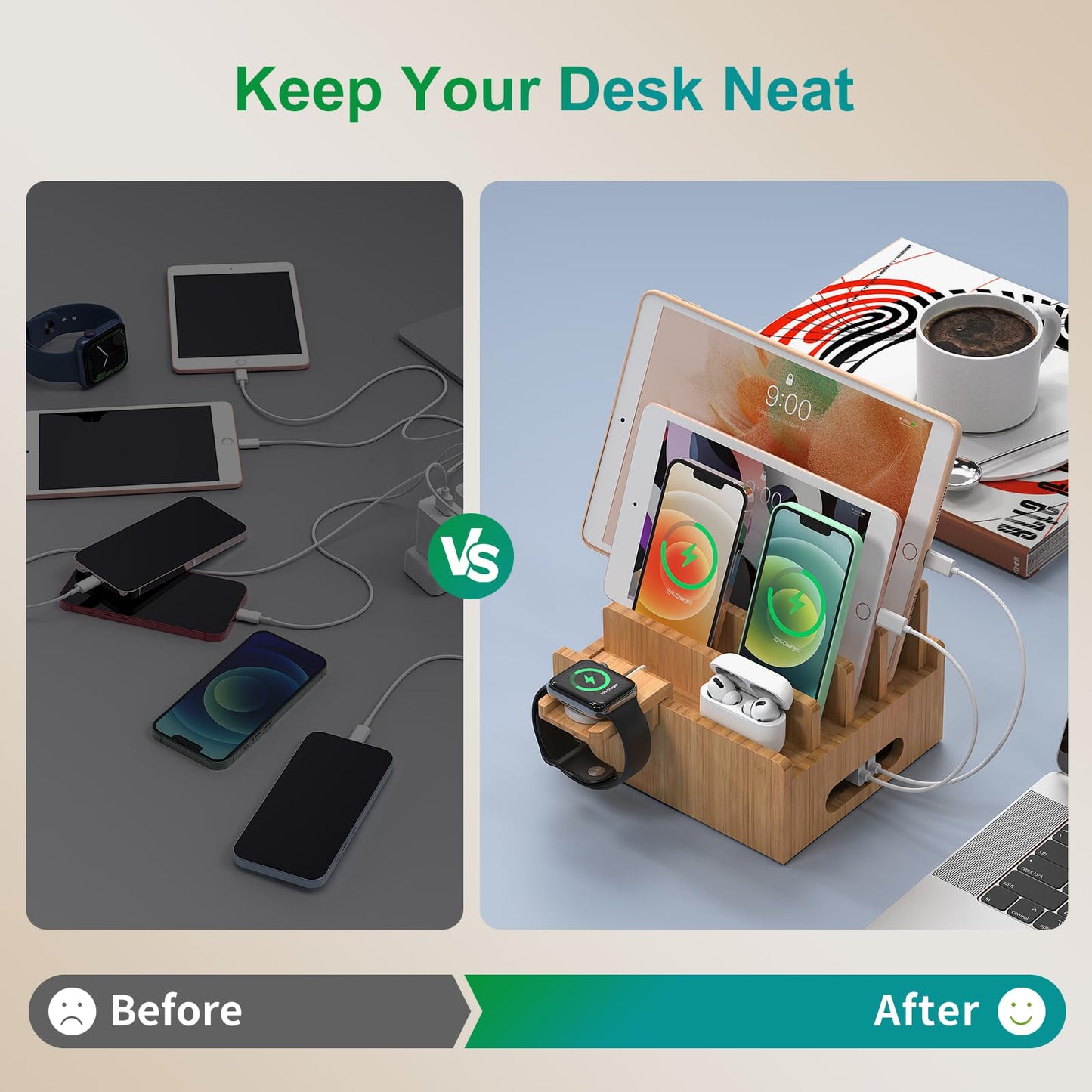 Pezin & Hulin Bamboo Charging Station for Multiple Devices with 5 Port USB Charger,5Cables,Smart Watch&Earbuds Stand, Desk Docking Stations Electronic Organizer for Cell Phone, Tablet (Natural)