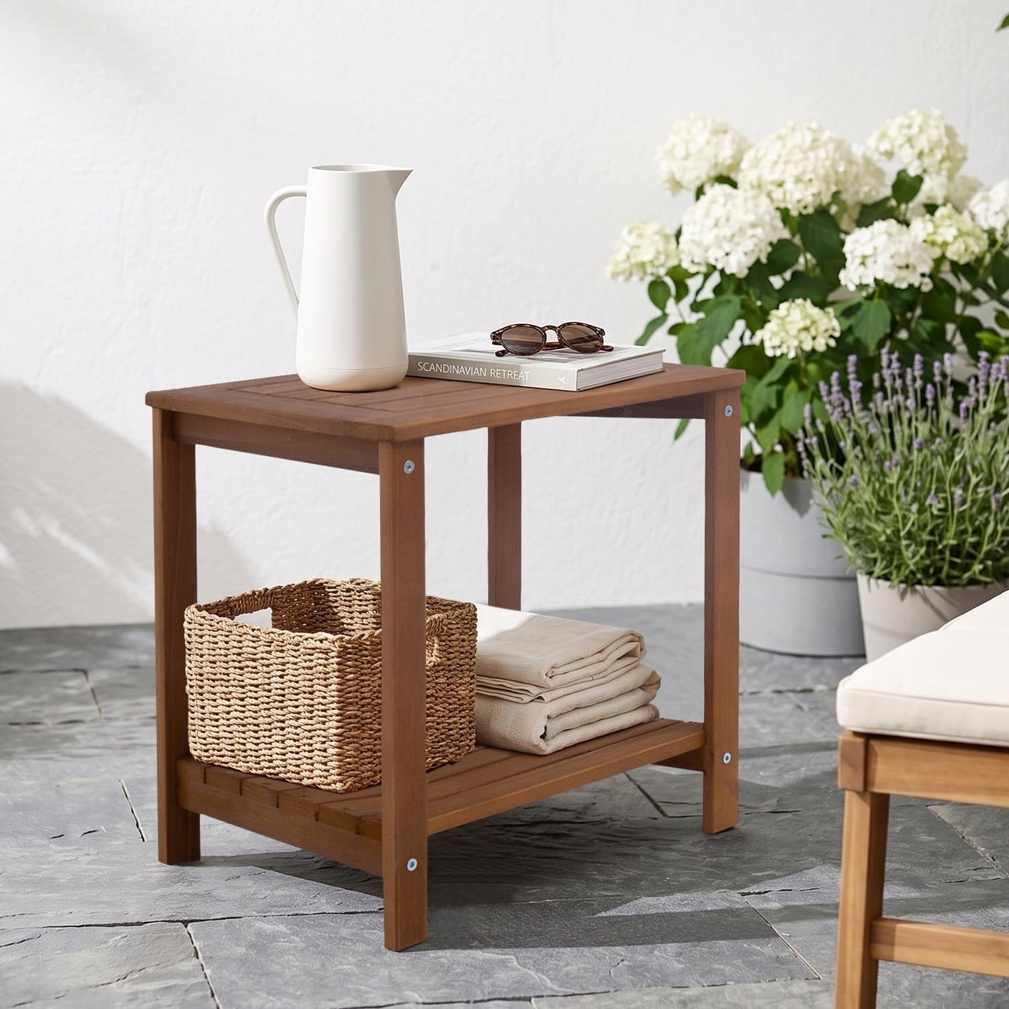 PHOARTS Solid Fir Wood Outdoor Side Table,2 Tier Small Patio End Table with Slatted Storage Shelf,Wooden Accent Table for Porch,Poolside,Garden,Living Room, Bedroom, 16.5 x 12.7 x 17 in,Brown