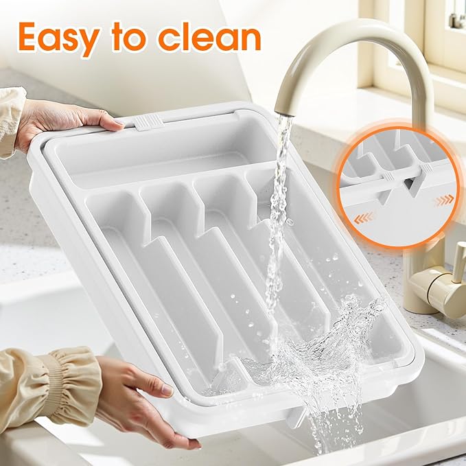 SpaceHacks Silverware Organizer,Adjustable & Expandable Utensil Drawer Organizer, BPA Free Utensil Holder, Cutlery Tray for Forks, Spoons, Knives in Kitchen, Medium, White