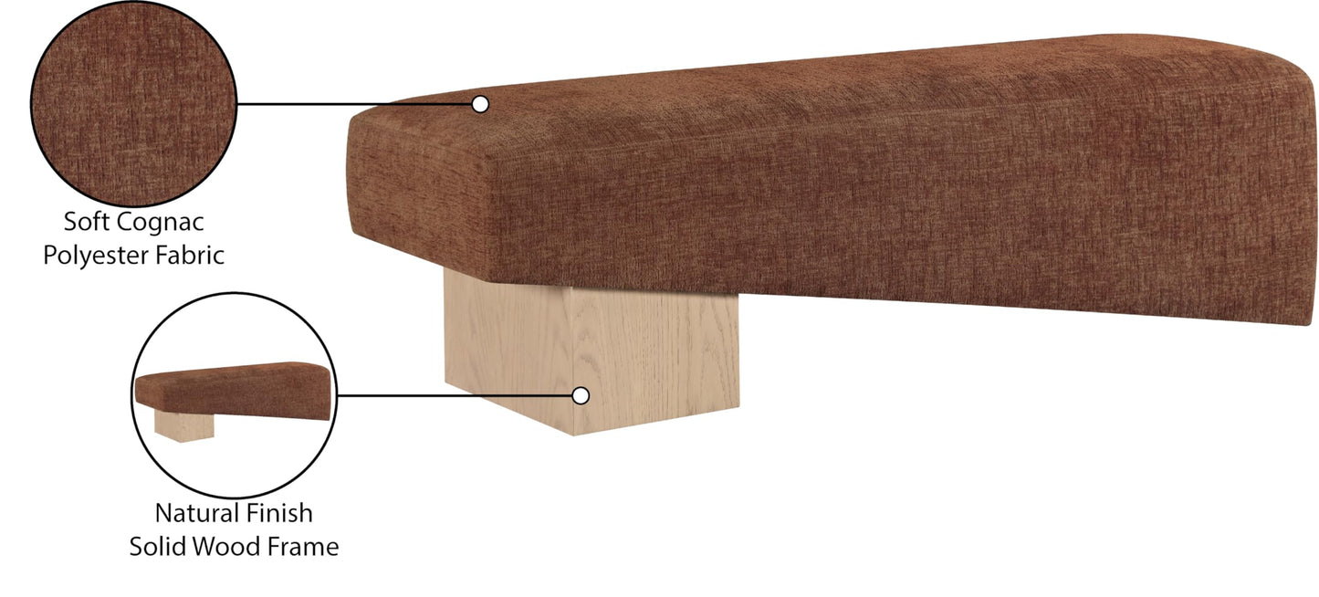 Meridian Furniture 22057Cognac Alora Collection Art Deco Bench with Soft Cognac Polyester Fabric, Natural Finish Solid Wood Frame, 60.5" W x 18" D x 18" H, Cognac