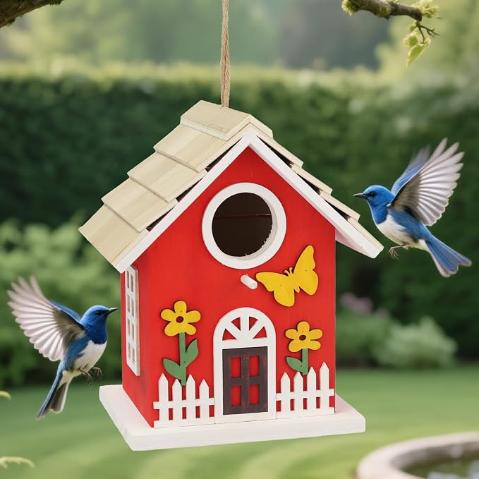 Wooden Bird Houses Bird House for Outside,Red Wood Bird House for Outdoors, Nesting Box with Sturdy Rope, Haing Bird Houses for Garden Blue Bird Hummingbird Wren Cardinal Swallow Sparrow Finch