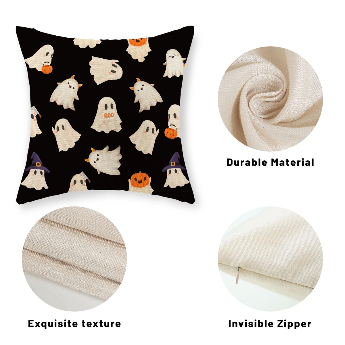 JEFERSO Halloween Pillow Covers 18x18 Set of 2 Cute Black and White Pumpkin Ghost Throw Pillows Fall Halloween Decorations Pillowcase Farmhouse Linen Outdoor Decorative Cushion Case for Couch Sofa